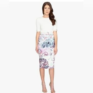 Ted Baker Floral Pencil Dress in White, Pink and Gray